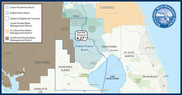 A regional map highlights the Indian Prairie Basin with a noted rainfall amount of 4.27 inches