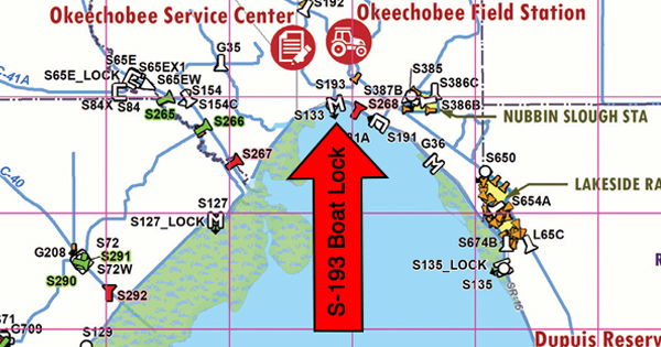 Map with arrow pointing at the S-193 Boat Lock 